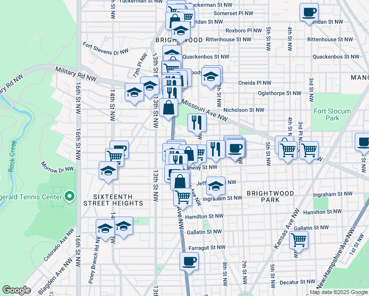 map of restaurants, bars, coffee shops, grocery stores, and more near 939 Longfellow Street Northwest in Washington