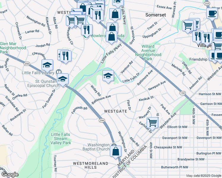 map of restaurants, bars, coffee shops, grocery stores, and more near 5110 Allan Terrace in Bethesda