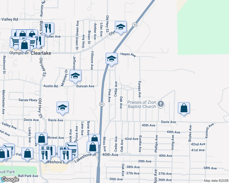 map of restaurants, bars, coffee shops, grocery stores, and more near 3783 Cedar Avenue in Clearlake