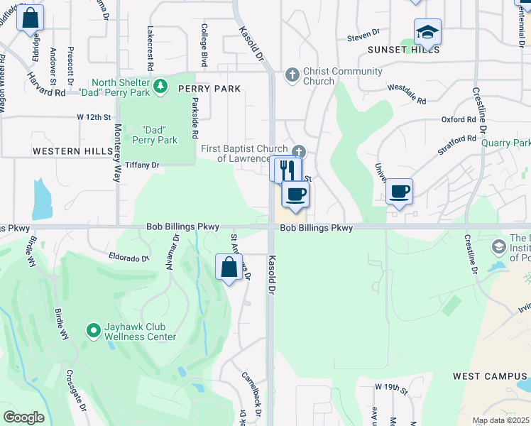 map of restaurants, bars, coffee shops, grocery stores, and more near 1439 Kasold Drive in Lawrence