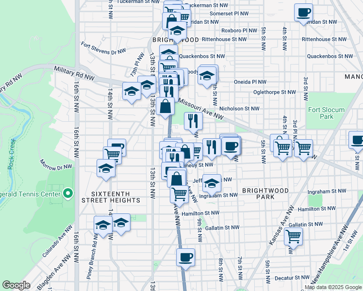 map of restaurants, bars, coffee shops, grocery stores, and more near 939 Longfellow Street Northwest in Washington