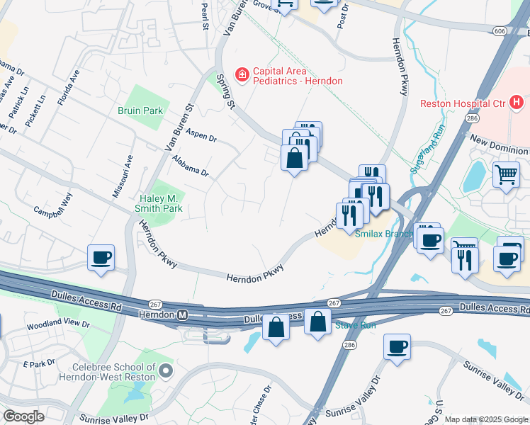 map of restaurants, bars, coffee shops, grocery stores, and more near 356 Sugarland Meadow Drive in Herndon