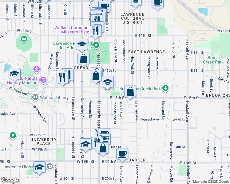 map of restaurants, bars, coffee shops, grocery stores, and more near 1400 Massachusetts Street in Lawrence