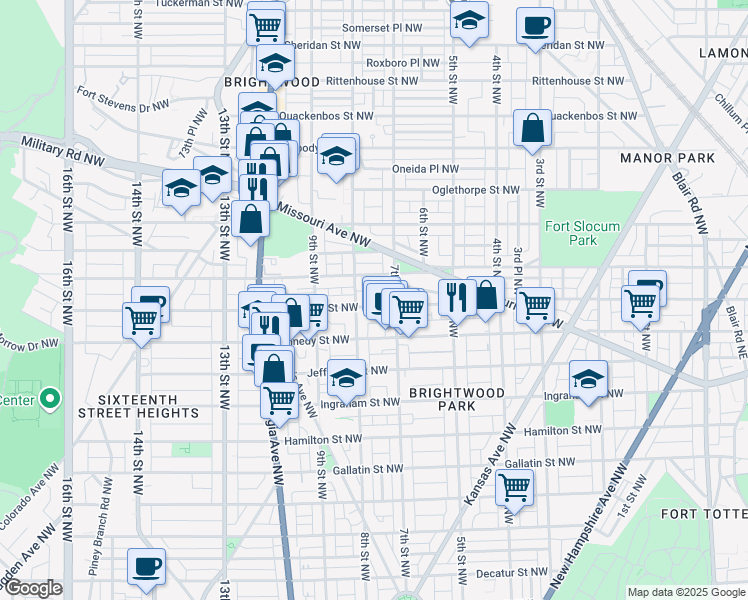 map of restaurants, bars, coffee shops, grocery stores, and more near 725 Longfellow Street Northwest in Washington