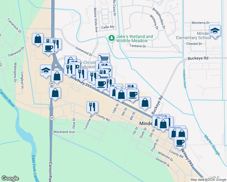 map of restaurants, bars, coffee shops, grocery stores, and more near 1641 U.S. Highway 395 North in Minden