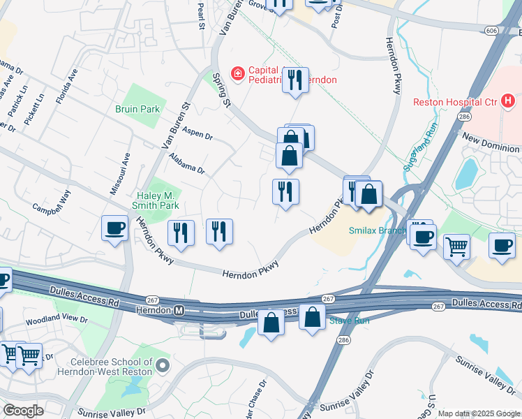 map of restaurants, bars, coffee shops, grocery stores, and more near 356 Sugarland Meadow Drive in Herndon