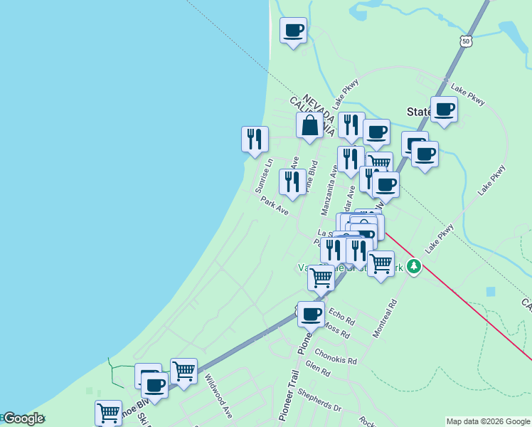 map of restaurants, bars, coffee shops, grocery stores, and more near 873 Park Avenue in South Lake Tahoe