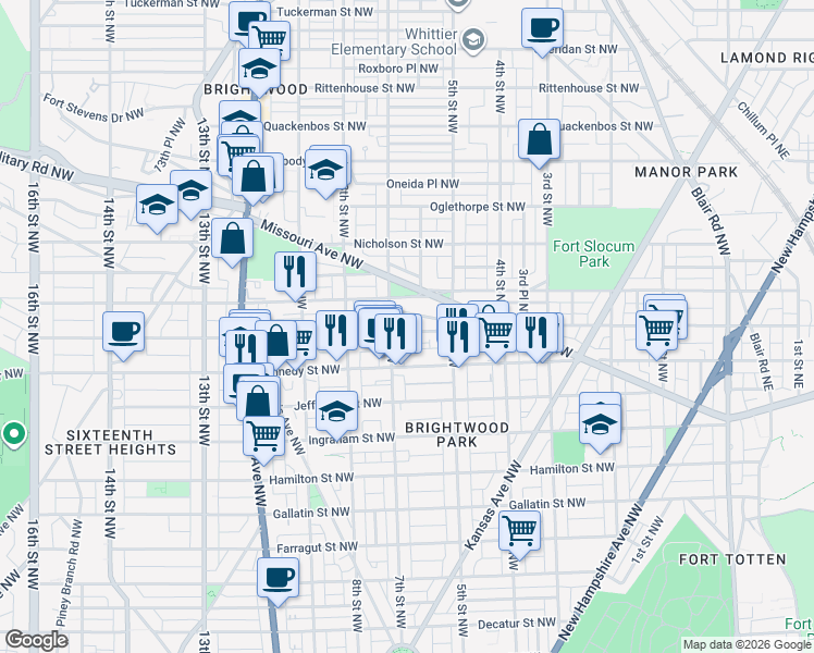map of restaurants, bars, coffee shops, grocery stores, and more near 623 Longfellow Street Northwest in Washington