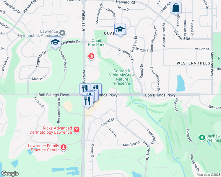 map of restaurants, bars, coffee shops, grocery stores, and more near 4500 Bob Billings Parkway in Lawrence