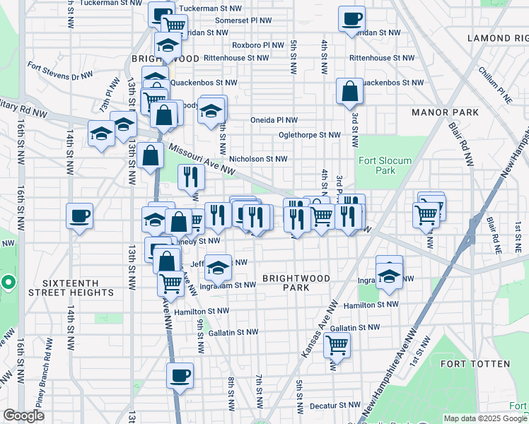 map of restaurants, bars, coffee shops, grocery stores, and more near 623 Longfellow Street Northwest in Washington