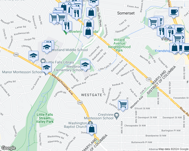 map of restaurants, bars, coffee shops, grocery stores, and more near 5115 Allan Terrace in Bethesda
