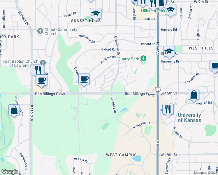 map of restaurants, bars, coffee shops, grocery stores, and more near 2601 Dover Square in Lawrence