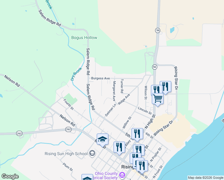 map of restaurants, bars, coffee shops, grocery stores, and more near 806 Margaret Avenue in Rising Sun