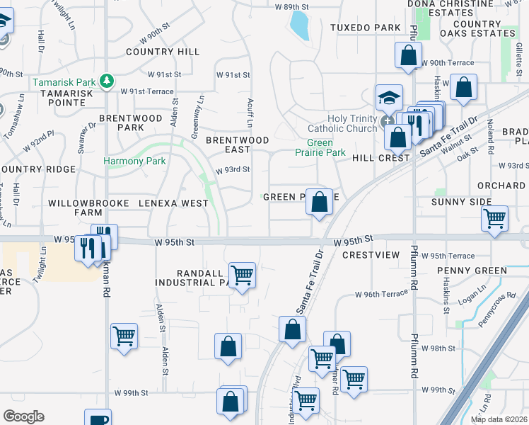 map of restaurants, bars, coffee shops, grocery stores, and more near 9335 Acuff Lane in Lenexa