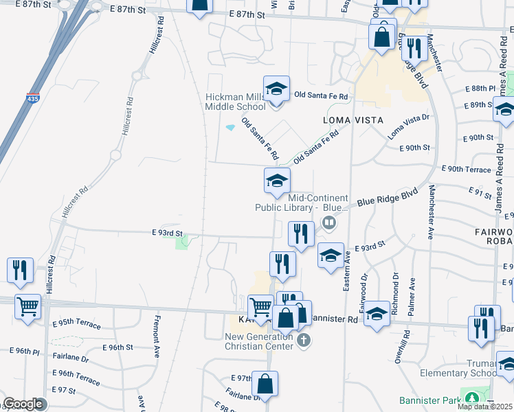 map of restaurants, bars, coffee shops, grocery stores, and more near 9220 Old Santa Fe Road in Kansas City