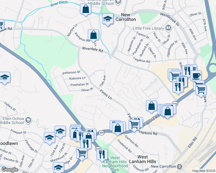 map of restaurants, bars, coffee shops, grocery stores, and more near 7527 Riverdale Road in New Carrollton