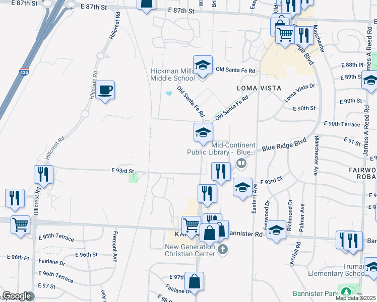 map of restaurants, bars, coffee shops, grocery stores, and more near 9220 Old Santa Fe Road in Kansas City