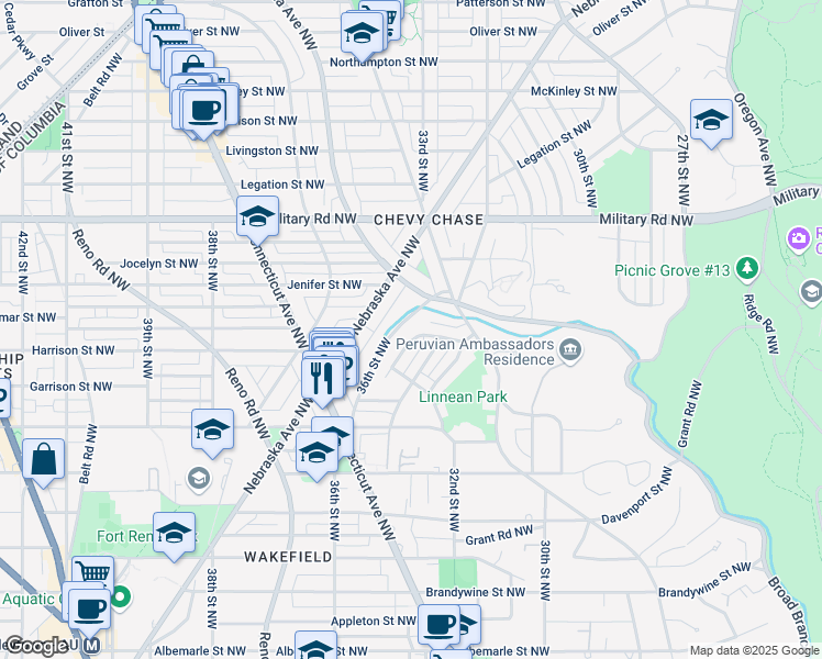 map of restaurants, bars, coffee shops, grocery stores, and more near 5160 Linnean Terrace Northwest in Washington