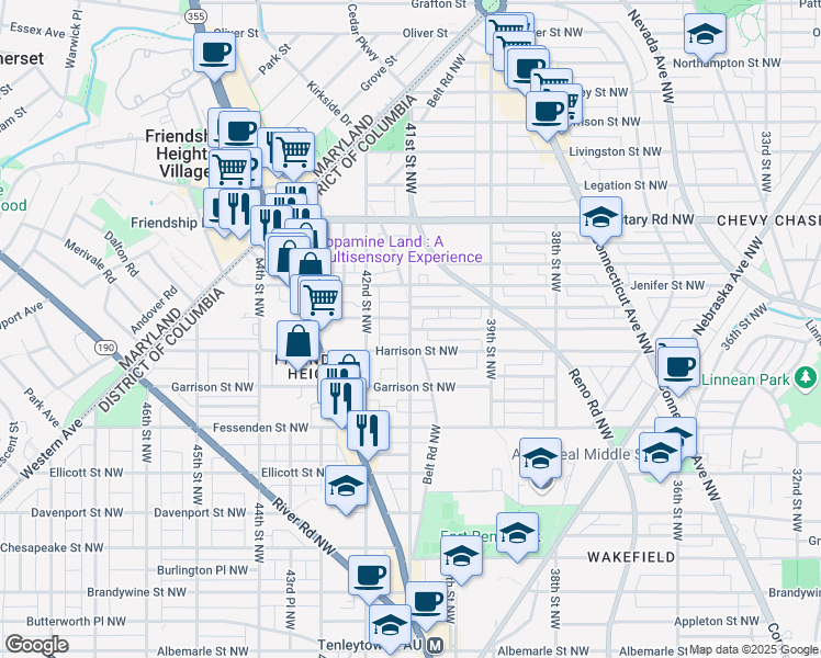 map of restaurants, bars, coffee shops, grocery stores, and more near 41st St NW & Huntington St NW in Washington