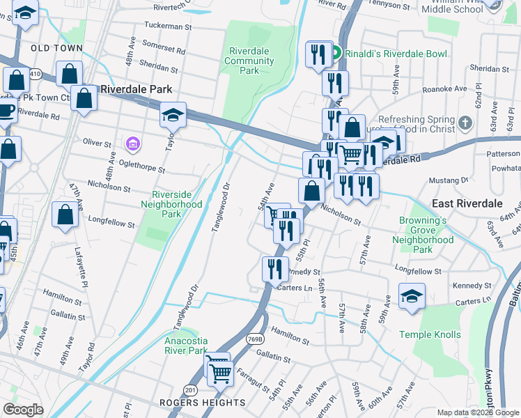 map of restaurants, bars, coffee shops, grocery stores, and more near 5600 54th Ave in RIVERDALE
