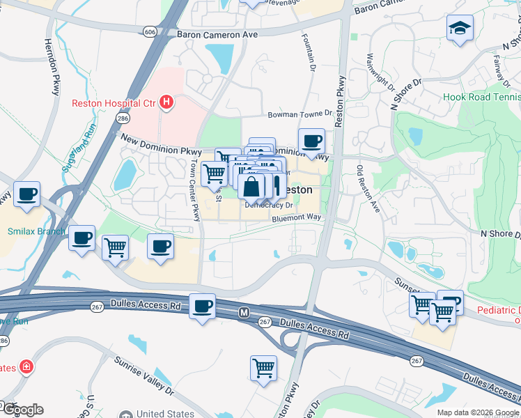 map of restaurants, bars, coffee shops, grocery stores, and more near 11927 Democracy Drive in Reston