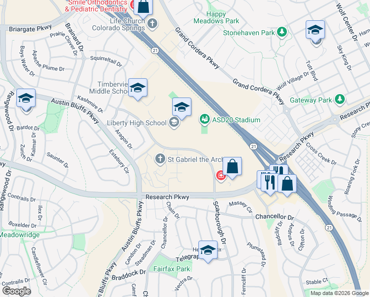 map of restaurants, bars, coffee shops, grocery stores, and more near 8720 Scarborough Dr in Colorado Springs
