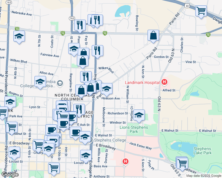 map of restaurants, bars, coffee shops, grocery stores, and more near 1408 Paris Road in Columbia
