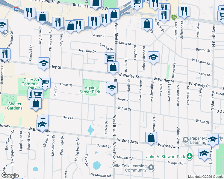 map of restaurants, bars, coffee shops, grocery stores, and more near 319 West Blvd North in Columbia