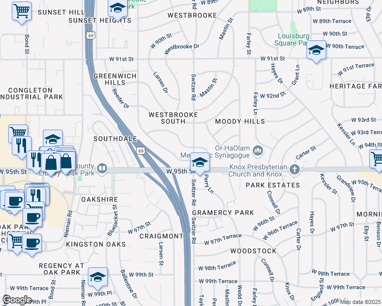 map of restaurants, bars, coffee shops, grocery stores, and more near 10305 West 93rd Terrace in Overland Park