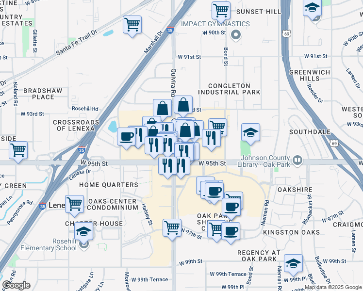 map of restaurants, bars, coffee shops, grocery stores, and more near 9417-9435 S Quivira Rd in Overland Park
