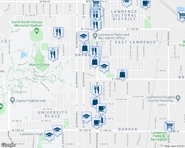 map of restaurants, bars, coffee shops, grocery stores, and more near 13 West 14th Street in Lawrence