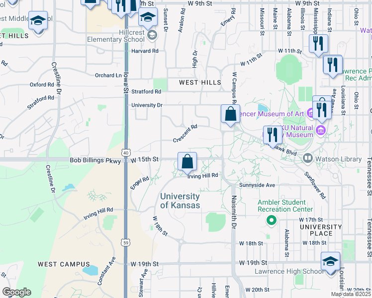 map of restaurants, bars, coffee shops, grocery stores, and more near 1605 Crescent Road in Lawrence