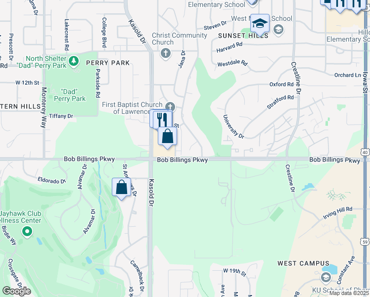 map of restaurants, bars, coffee shops, grocery stores, and more near 1420A Applegate Court in Lawrence