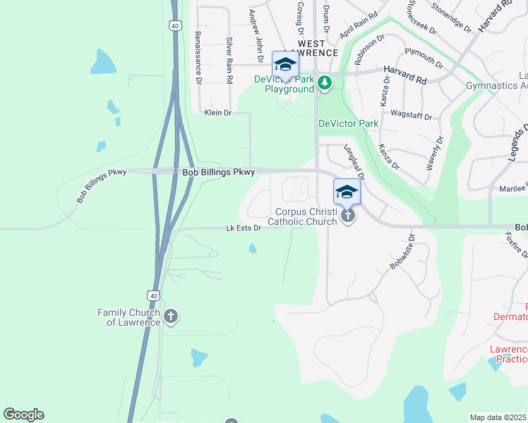 map of restaurants, bars, coffee shops, grocery stores, and more near 1545A Legend Trail Drive in Lawrence