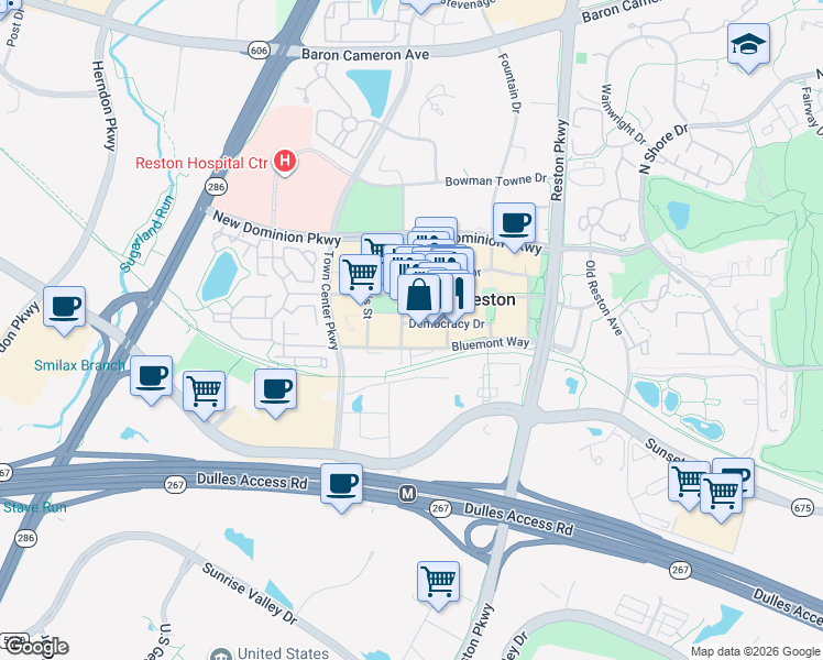 map of restaurants, bars, coffee shops, grocery stores, and more near 11955 Democracy Drive in Reston
