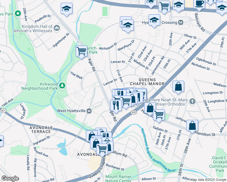 map of restaurants, bars, coffee shops, grocery stores, and more near 5613 29th Avenue in Hyattsville