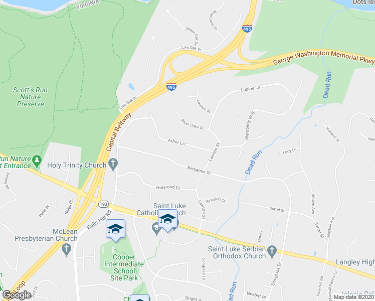 map of restaurants, bars, coffee shops, grocery stores, and more near 6921 Arbor Lane in McLean