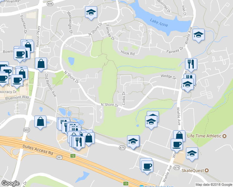 map of restaurants, bars, coffee shops, grocery stores, and more near 11526 Links Drive in Reston