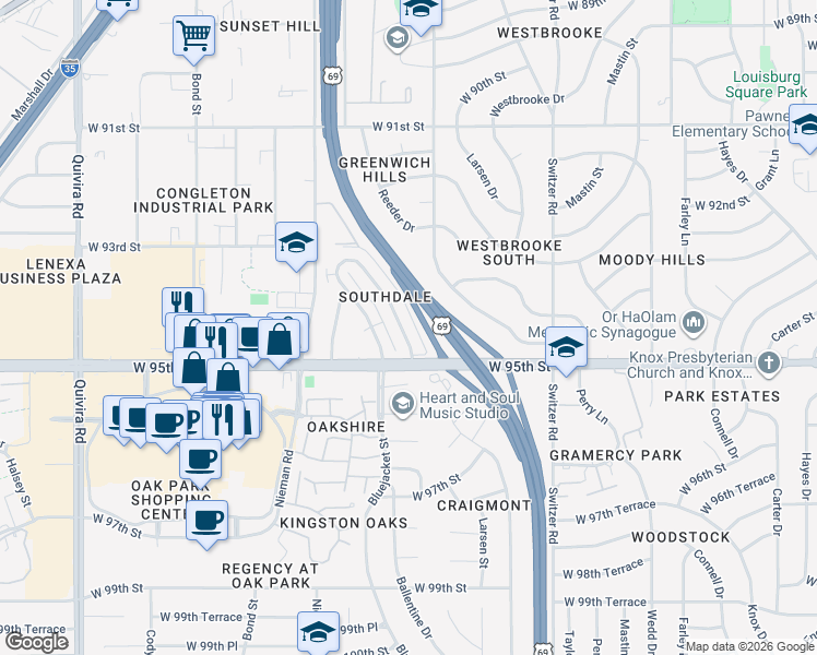 map of restaurants, bars, coffee shops, grocery stores, and more near 9425 Ballentine Street in Overland Park
