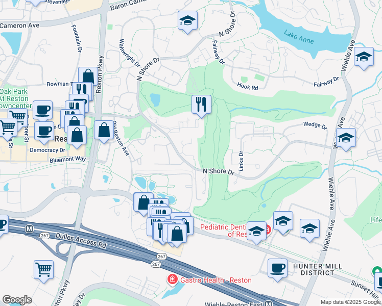 map of restaurants, bars, coffee shops, grocery stores, and more near 11767 North Shore Drive in Reston