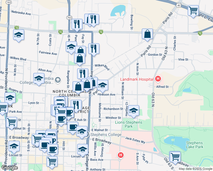 map of restaurants, bars, coffee shops, grocery stores, and more near 1408 Paris Road in Columbia