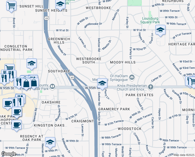 map of restaurants, bars, coffee shops, grocery stores, and more near 10305 West 93rd Terrace in Overland Park