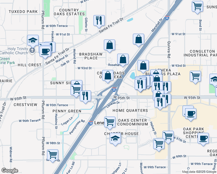 map of restaurants, bars, coffee shops, grocery stores, and more near 19151 Prairie Star Parkway in Lenexa