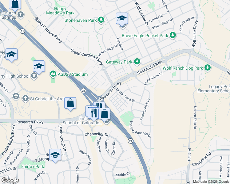 map of restaurants, bars, coffee shops, grocery stores, and more near 5329 Snowy Egret Grove in Colorado Springs