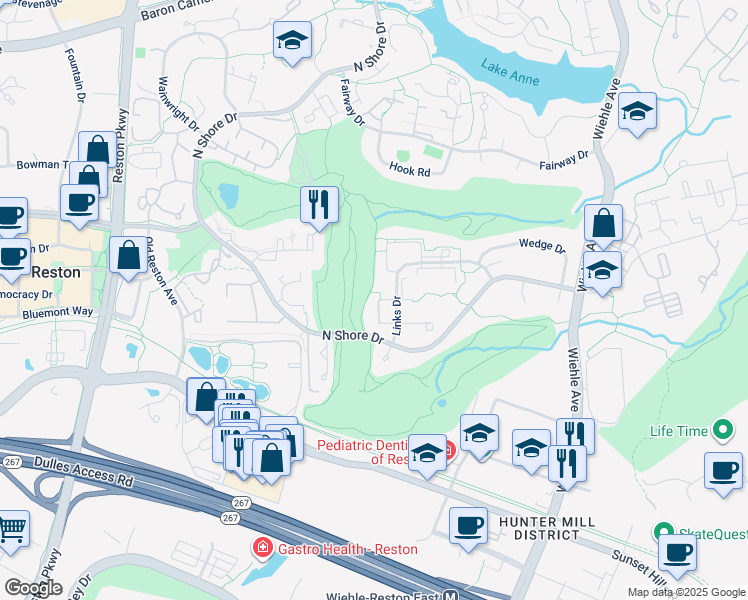map of restaurants, bars, coffee shops, grocery stores, and more near 11526 Links Drive in Reston