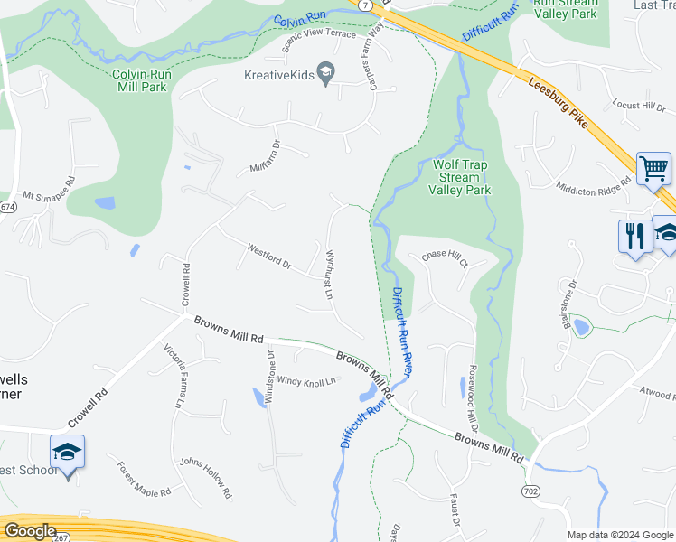 map of restaurants, bars, coffee shops, grocery stores, and more near 1411 Wynhurst Lane in Vienna