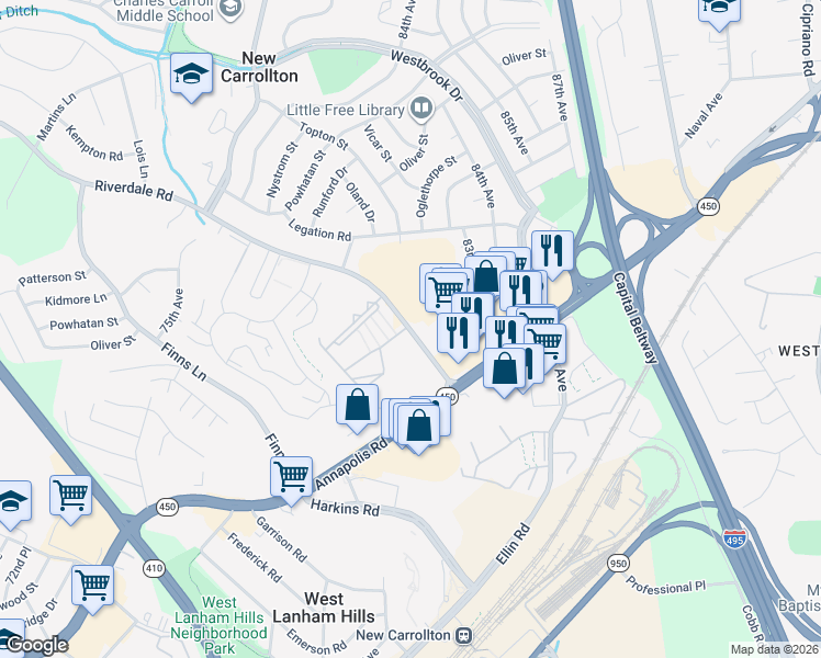 map of restaurants, bars, coffee shops, grocery stores, and more near 7783 Riverdale Road in New Carrollton
