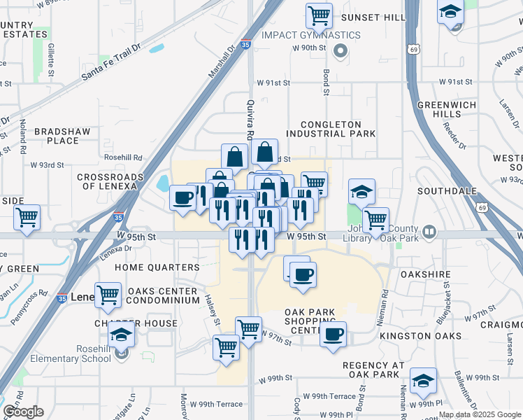 map of restaurants, bars, coffee shops, grocery stores, and more near 11868 West 95th Street in Overland Park