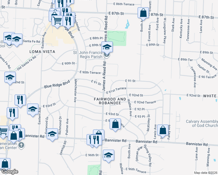 map of restaurants, bars, coffee shops, grocery stores, and more near 8302 East 91st Street in Kansas City