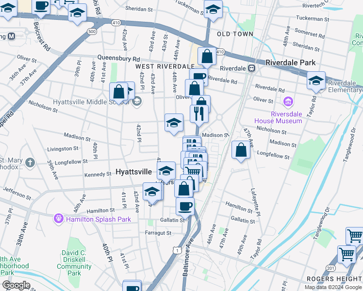 map of restaurants, bars, coffee shops, grocery stores, and more near 5806 Lustine Street in Hyattsville